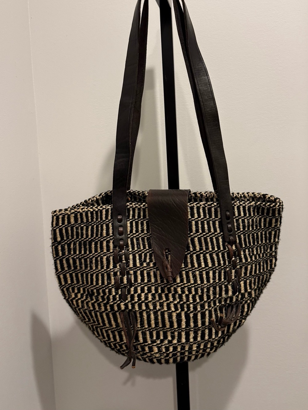 African Basketweave Woven Black & Cream Tote Bag with Brown Leather Straps